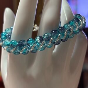 Hand Crafted Blue Quartz and Blue Crystal Bracelet 7 inches .925 silver clasp